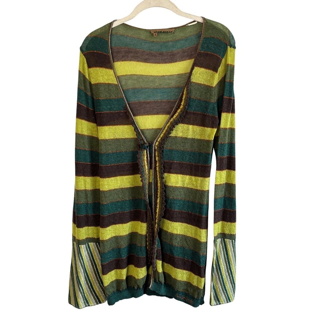 Miss Sixty Striped Knit Cardigan‎ Green Yellow Womens Large Metallic Y2K Shimmer